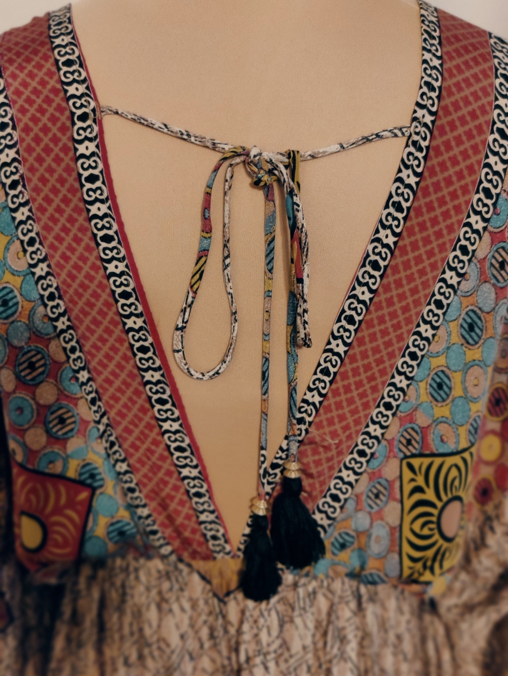 LUZ tribal Silk Kimono Dress deep V bold colors & print Resort Mini S - Picture 6 of 10